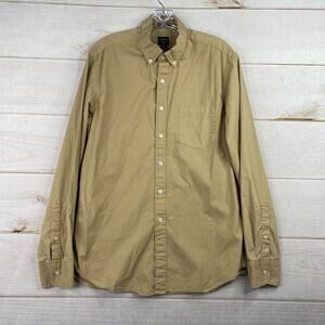 J Crew Mens Shirt M Classic Flex Stretch Tan Polka Dot Long Sleeve Button Up